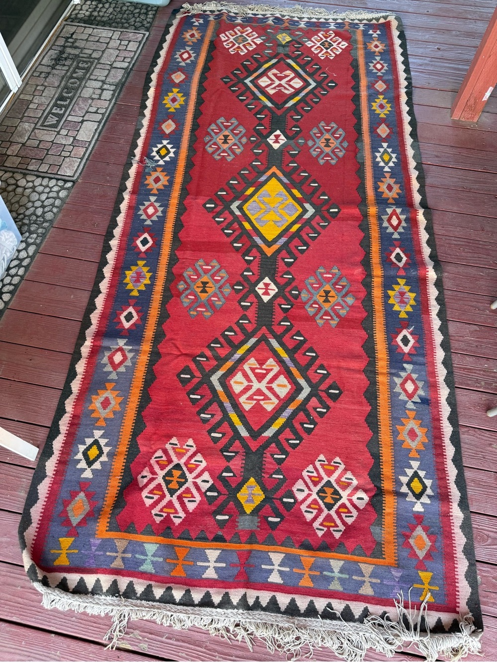 Turkish Vintage Red Geometric Kilim Runner Rug with Multicolor Accents